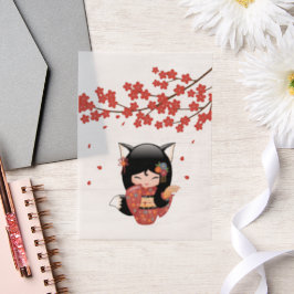 Kitsune Kokeshi Doll Black Fox Geisha Red Insert Pergament Einladungen