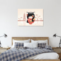 Kitsune Kokeshi Doll - Niedlich Black Fox Girl