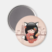 Kitsune Kokeshi Doll - Niedlich Black Fox Girl Magnet (Vorderseite/Rückseite)