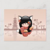 Kitsune Kokeshi Doll - Niedlich Black Fox Girl Postkarte (Vorderseite)