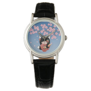 Kitsune Kokeshi Puppe - schwarzer Armbanduhr