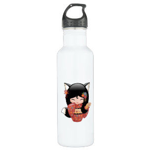 Kitsune Kokeshi Puppe - schwarzer Trinkflasche