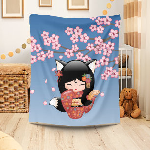 Kitsune Kokeshi Puppe - Schwarzes Fuchs-Geisha-Mäd Fleecedecke