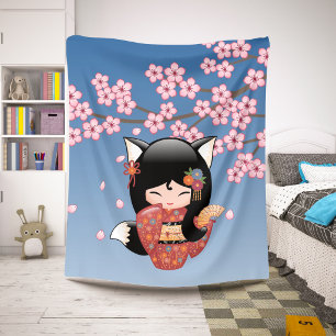 Kitsune Kokeshi Puppe - Schwarzes Fuchs-Geisha-Mäd Sherpadecke