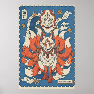 Kitsune-Masken-Kunst Gehörnter Fuchsgeist mit Ahor Poster