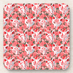 Kitsune-Masken und blühende Kamelie auf Rosa Getränkeuntersetzer