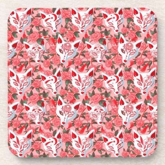 Kitsune Masken und blühende Kamelie auf rosa Getränkeuntersetzer (Vorderseite)