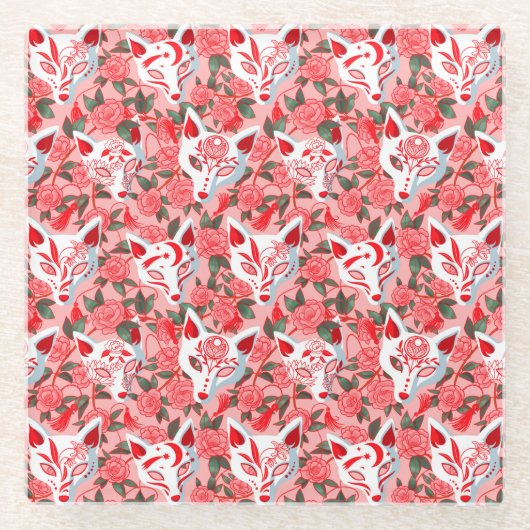 Kitsune Masken und blühende Kamelie auf rosa Glasuntersetzer (Vorderseite)