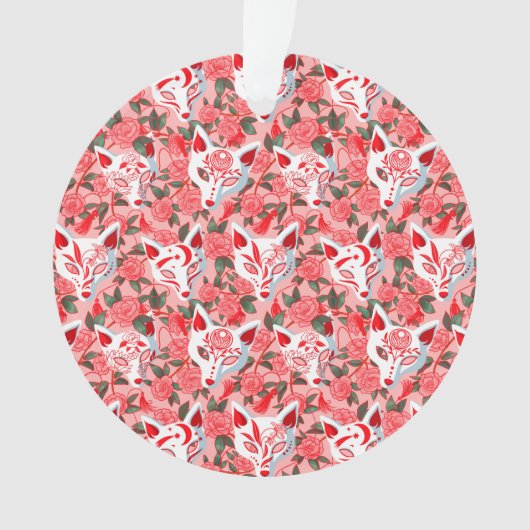 Kitsune Masken und blühende Kamelie auf rosa Ornament (Vorderseite)