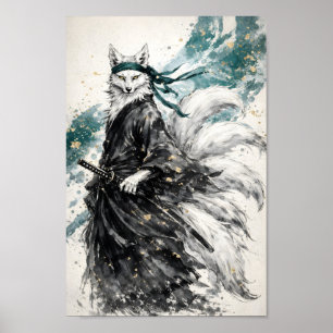 Kitsune Neunschwänziger Fuchs Samurai-Tuschewasch- Poster