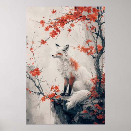 Kitsune Spirit – Japanese Fox in Blossom Forest Poster (Vorne)