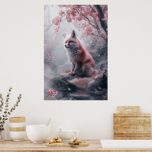 Kitsune Spirit – Japanese Fox in Blossom Forest Poster (Küche)