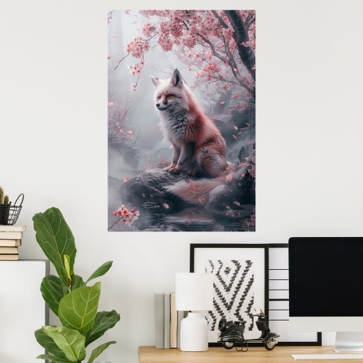 Kitsune Spirit – Japanese Fox in Blossom Forest Poster (Heimbüro)