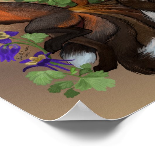 Kitsune und Columbine-Blume Poster (Ecke)