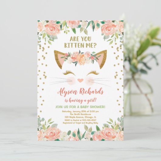 Kitta Kätzchen pfirsichcreme Girl Dusche Einladung (Stehend Vorderseite)