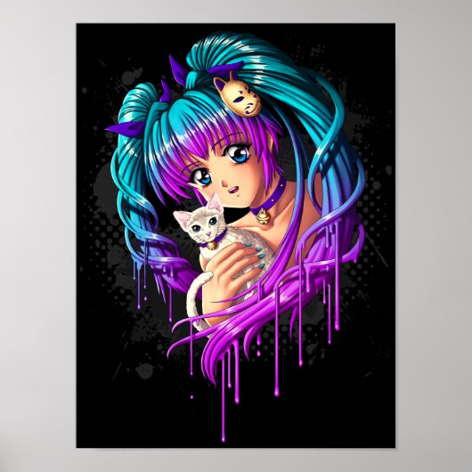 Kitten and Pigtail Manga Girl Poster (Vorne)