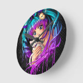 Kitten and Pigtail Manga Girl Runde Wanduhr (Winkel)