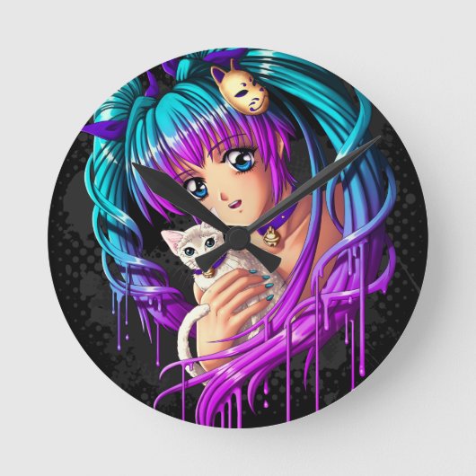 Kitten and Pigtail Manga Girl Runde Wanduhr (Vorderseite)