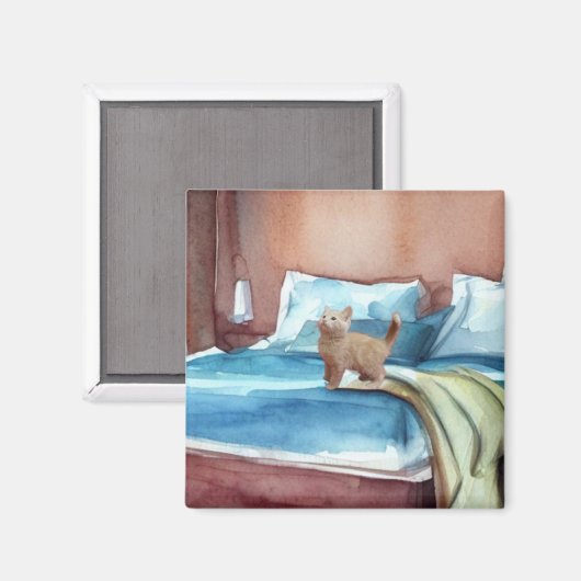 Kitten auf dem Bett Magnet (Vorderseite/Rückseite)