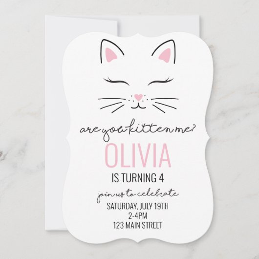 Kitten Birthday Einladen mit rosa Herzen kitschig  Einladung (Vorderseite)