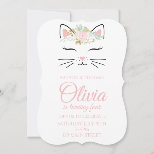 Kitten Birthday Einladung mit blumengeschmücktem G (Vorderseite)