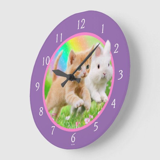 Kitten & Bunny mit Regenbogen Große Wanduhr (Winkel)
