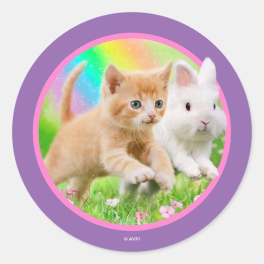 Kitten & Bunny mit Regenbogen Runder Aufkleber (Vorderseite)
