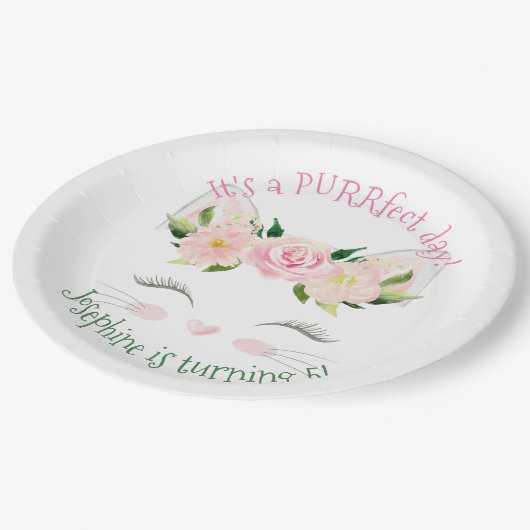 Kitten Cat Blume Geburtstag Pappteller (Schrägansicht)