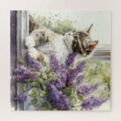Kitten Cat Lavender Blume Fenster Sonnenlicht Puzzle (Horizontal)