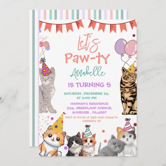 Kitten Cat Let's Pawty Birthday Einladung (Vorne/Hinten)