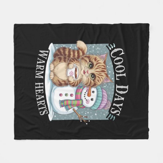 Kitten Cat und Snowman Friends Share Coffee Winter Fleecedecke (Vorderseite (Horizontal))