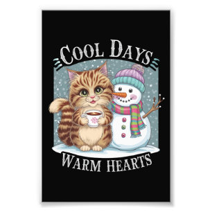 Kitten Cat und Snowman Friends Share Coffee Winter Fotodruck