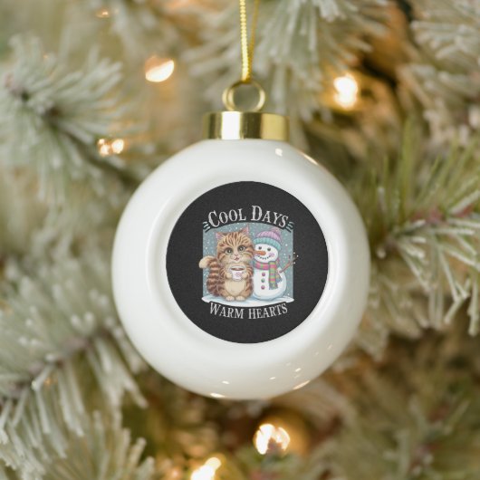 Kitten Cat und Snowman Friends Share Coffee Winter Keramik Kugel-Ornament (Baum)