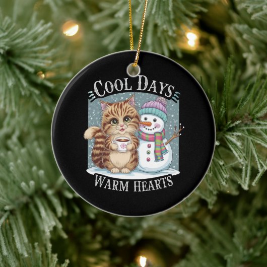 Kitten Cat und Snowman Friends Share Coffee Winter Keramik Ornament (Baum)
