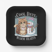 Kitten Cat und Snowman Friends Share Coffee Winter Pappteller (Vorderseite)