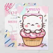 Kitten Cupcake First Birthday Einladung (Vorne/Hinten)