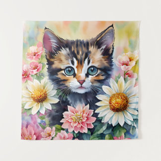 Kitten Daisy Blume Wasserfarben Kunst, Dichtung un Wandteppich