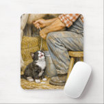 Kitten Drinking Cow Milk Mousepad<br><div class="desc">Cute tuxedo kitten enjoys fresh milk while a farmer sits on a wooden stool milking a cow in the barn</div>