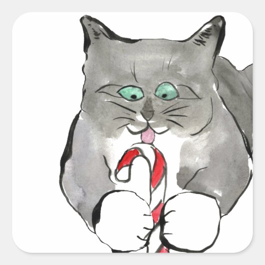 Kitten erfreut sich, die Candy Cane zu lecken. Quadratischer Aufkleber (Vorderseite)