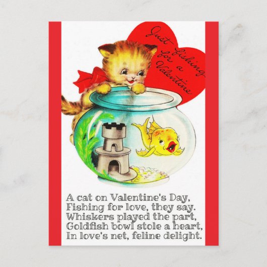 Kitten & Fish Bowl Vintage Valentine Postcard Postkarte (Vorderseite)