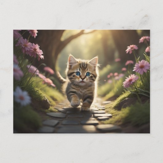 Kitten geht den Weg zwischen den Blume entlang Postkarte (Vorderseite)