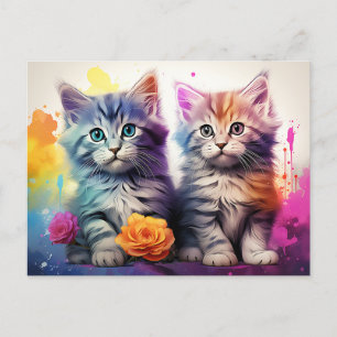 Kitten Illustration Vibrant Floral Wasserfarbe Postkarte