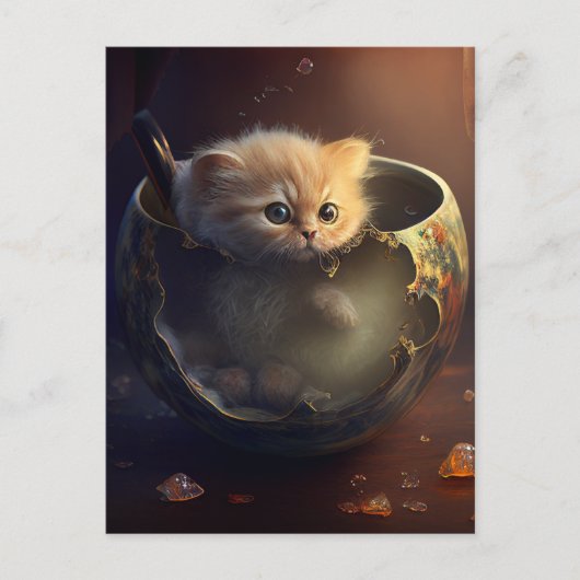 Kitten in a transparent broken teacup postkarte (Vorderseite)