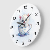 Kitten in Cup Blue Blumen Wall Clock Große Wanduhr (Winkel)