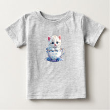 Kitten in Cup Blue Flowers Baby T - Shirt