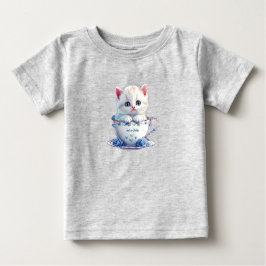 Kitten in Cup Blue Flowers Baby T - Shirt