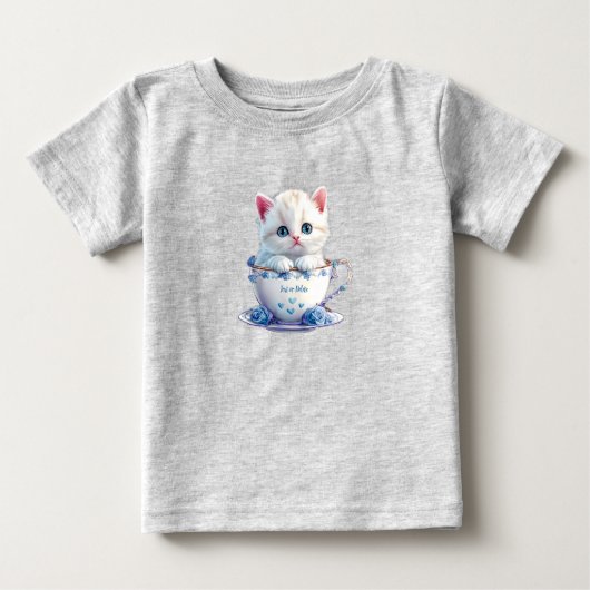 Kitten in Cup Blue Flowers Baby T - Shirt (Vorderseite)