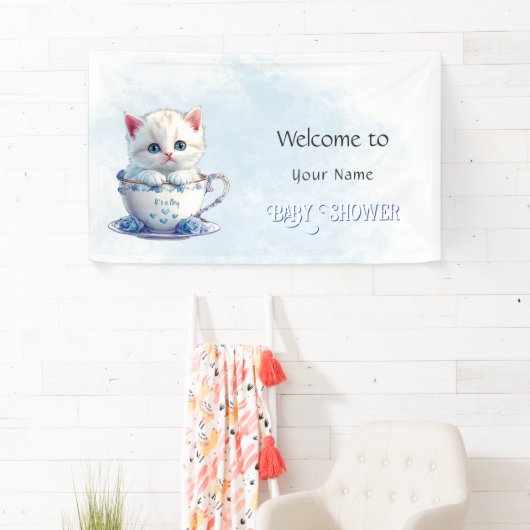 Kitten in Cup Blue Flowers Babydusche Banner (Insitu)