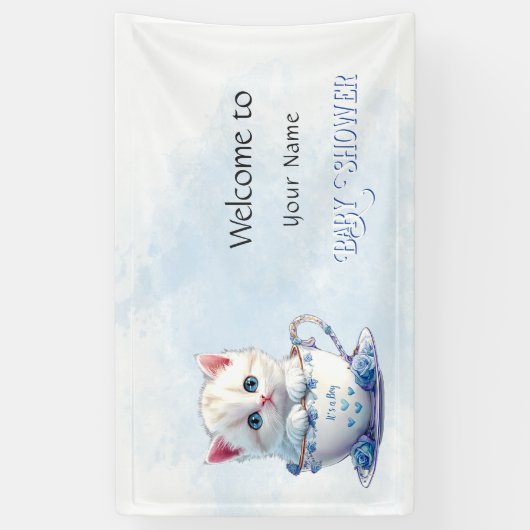 Kitten in Cup Blue Flowers Babydusche Banner (Vertikal)
