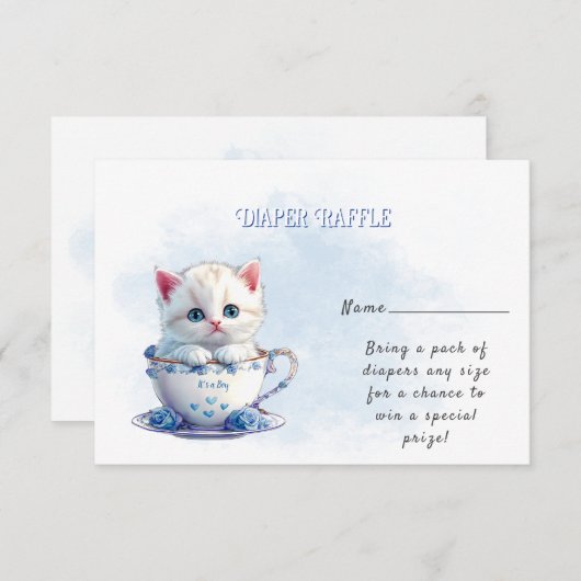 Kitten in Cup Blue Flowers Babydusche Begleitkarte (Vorne/Hinten)